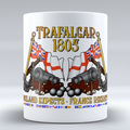 White Trafalgar 1805 'England Expects. France Regrets.' ceramic mug with White Ensigns, cannons, anchors and Nelson's signal flag strip