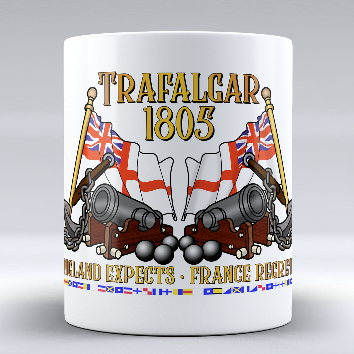 White Trafalgar 1805 'England Expects. France Regrets.' ceramic mug with White Ensigns, cannons, anchors and Nelson's signal flag strip