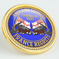 Trafalgar 1805 'England Expects. France Regrets.' Pin/Lapel Badge with White Ensigns, cannons, cannonballs and anchors on blue with a gold-coloured rope border