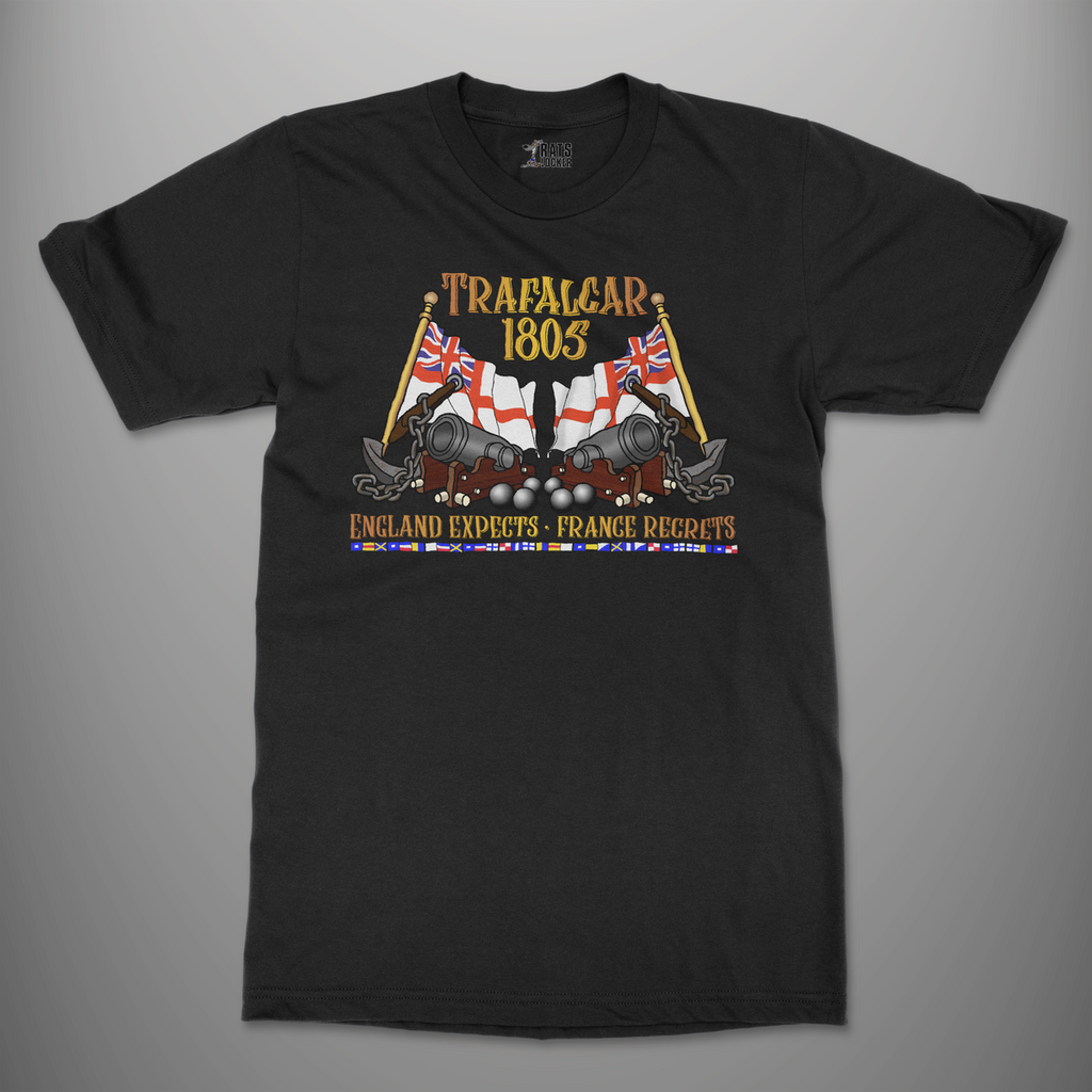 Trafalgar 1805 'England Expects. France Regrets.' T-Shirt in Black, featuring White Ensigns, cannons and Nelson's signal flags