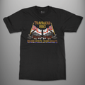 Trafalgar 1805 'England Expects. France Regrets.' T-Shirt in Black, featuring White Ensigns, cannons and Nelson's signal flags