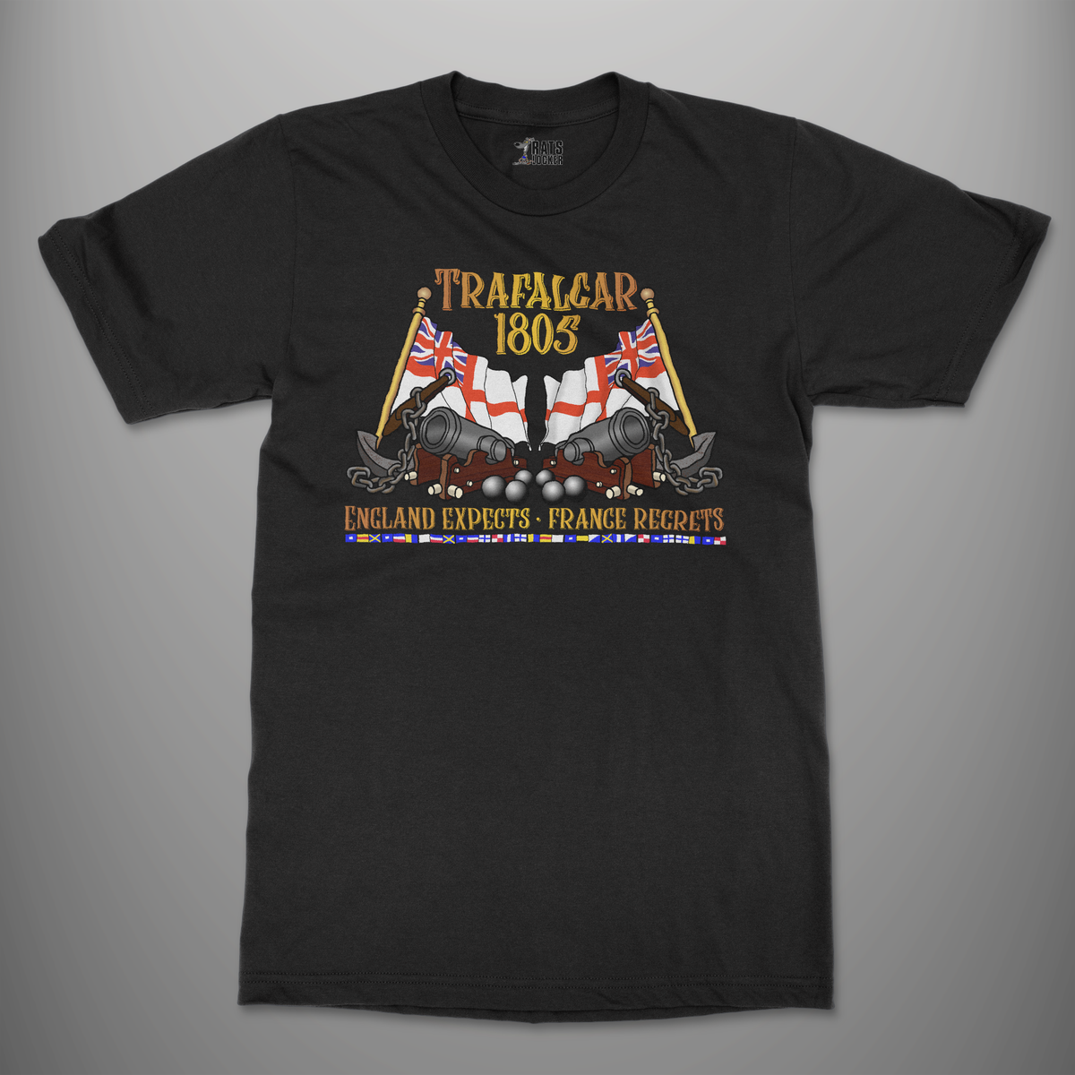 Trafalgar 1805 'England Expects. France Regrets.' T-Shirt in Black, featuring White Ensigns, cannons and Nelson's signal flags
