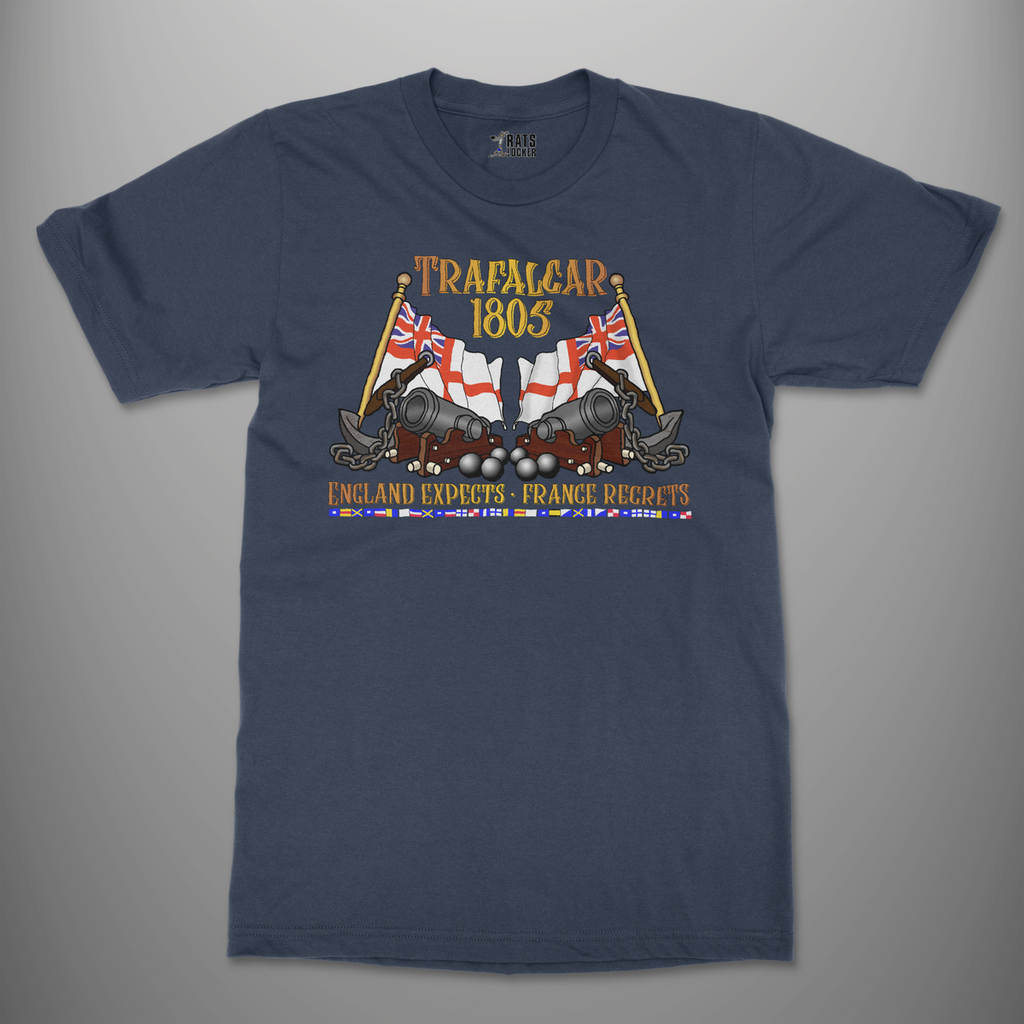 Trafalgar 1805 'England Expects. France Regrets.' T-Shirt in Navy Blue, featuring White Ensigns, cannons and Nelson's signal flags