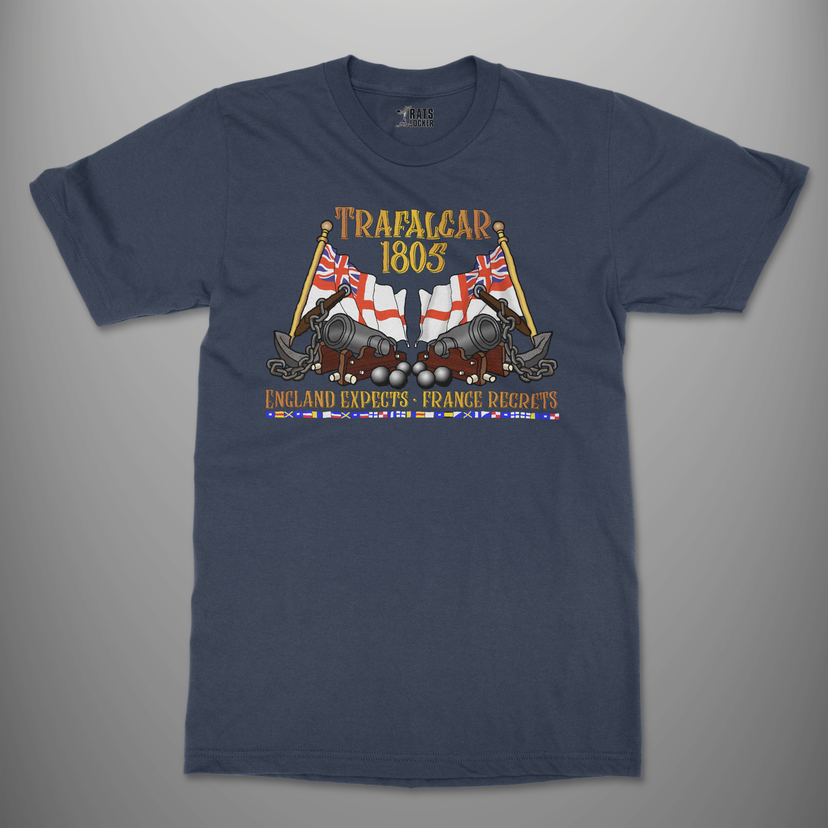 Trafalgar 1805 'England Expects. France Regrets.' T-Shirt in Navy Blue, featuring White Ensigns, cannons and Nelson's signal flags