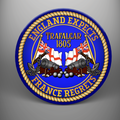 Trafalgar 1805 'England expects. France regrets.' round coaster design with blue background, gold rope border, White Ensigns, cannons and anchors