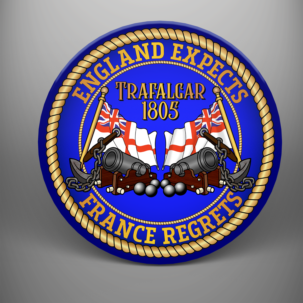 Trafalgar 1805 'England expects. France regrets.' round coaster design with blue background, gold rope border, White Ensigns, cannons and anchors