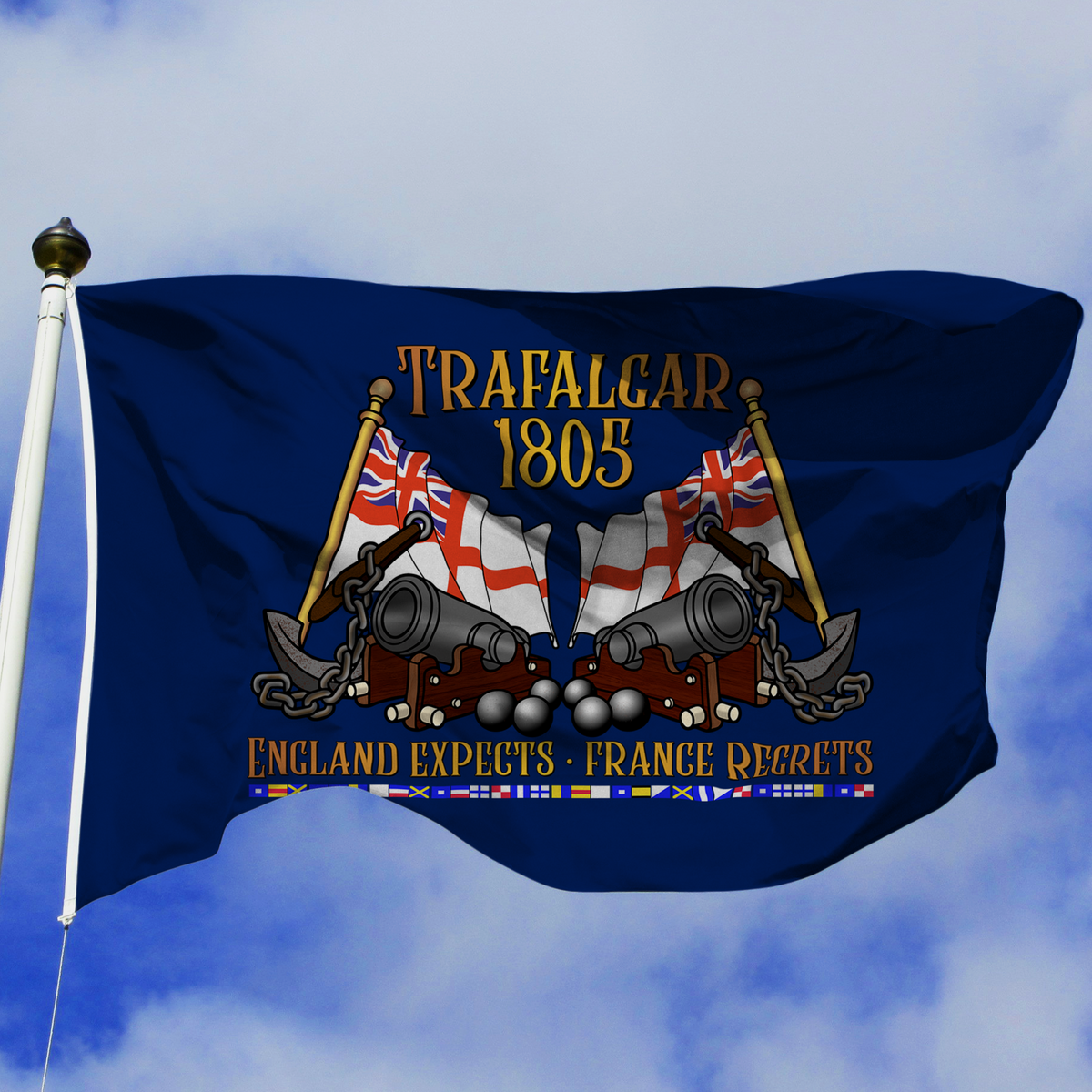 Trafalgar 1805 England Expects France Regrets flag artwork, navy blue with cannons, ensigns and signal flags