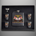 Trafalgar 1805 'England expects. France regrets.' black hip flask gift set with four matching tot cups, funnel and presentation box