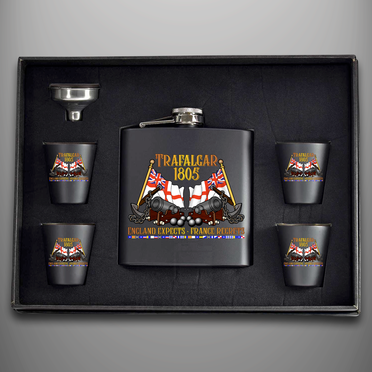 Trafalgar 1805 'England expects. France regrets.' black hip flask gift set with four matching tot cups, funnel and presentation box