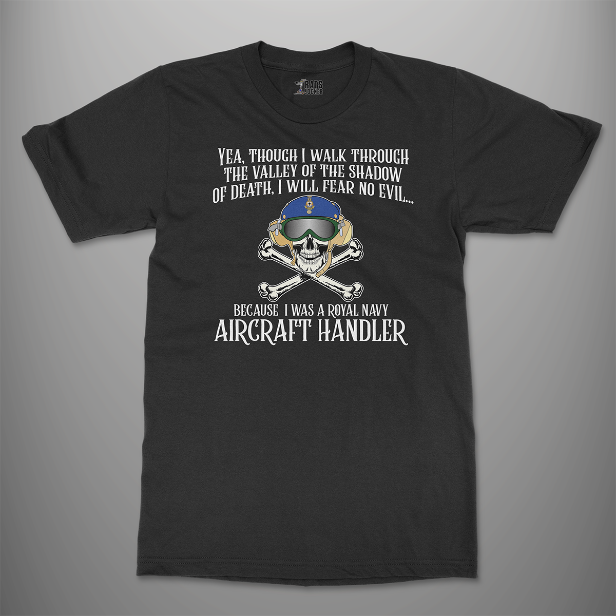 Black T-shirt with 'Valley of Death Skull' design featuring a skull wearing a flight deck helmet and text related to aircraft handling.