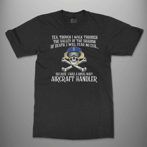 Black T-shirt with 'Valley of Death Skull' design featuring a skull wearing a flight deck helmet and text related to aircraft handling.