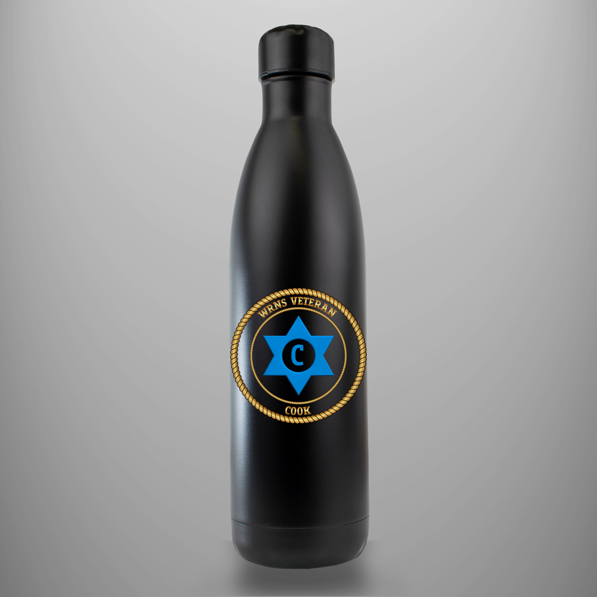 WRNS Veteran Cook branch badge on matte-black insulated drinks bottle