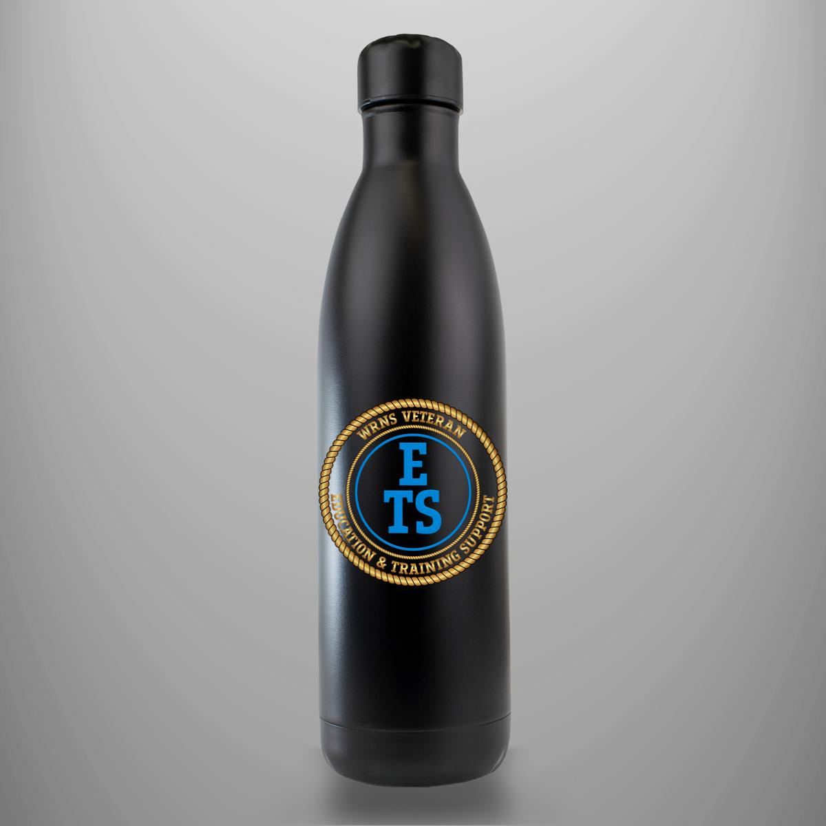 WRNS Veteran Education and Training Support branch badge on matte-black insulated drinks bottle