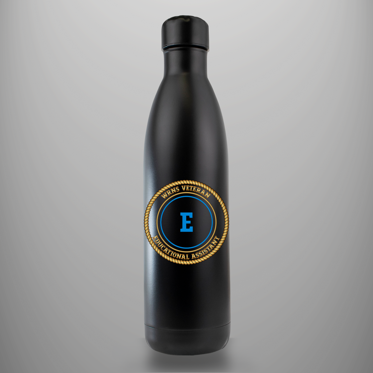 WRNS Veteran Educational Assistant branch badge on matte-black insulated drinks bottle
