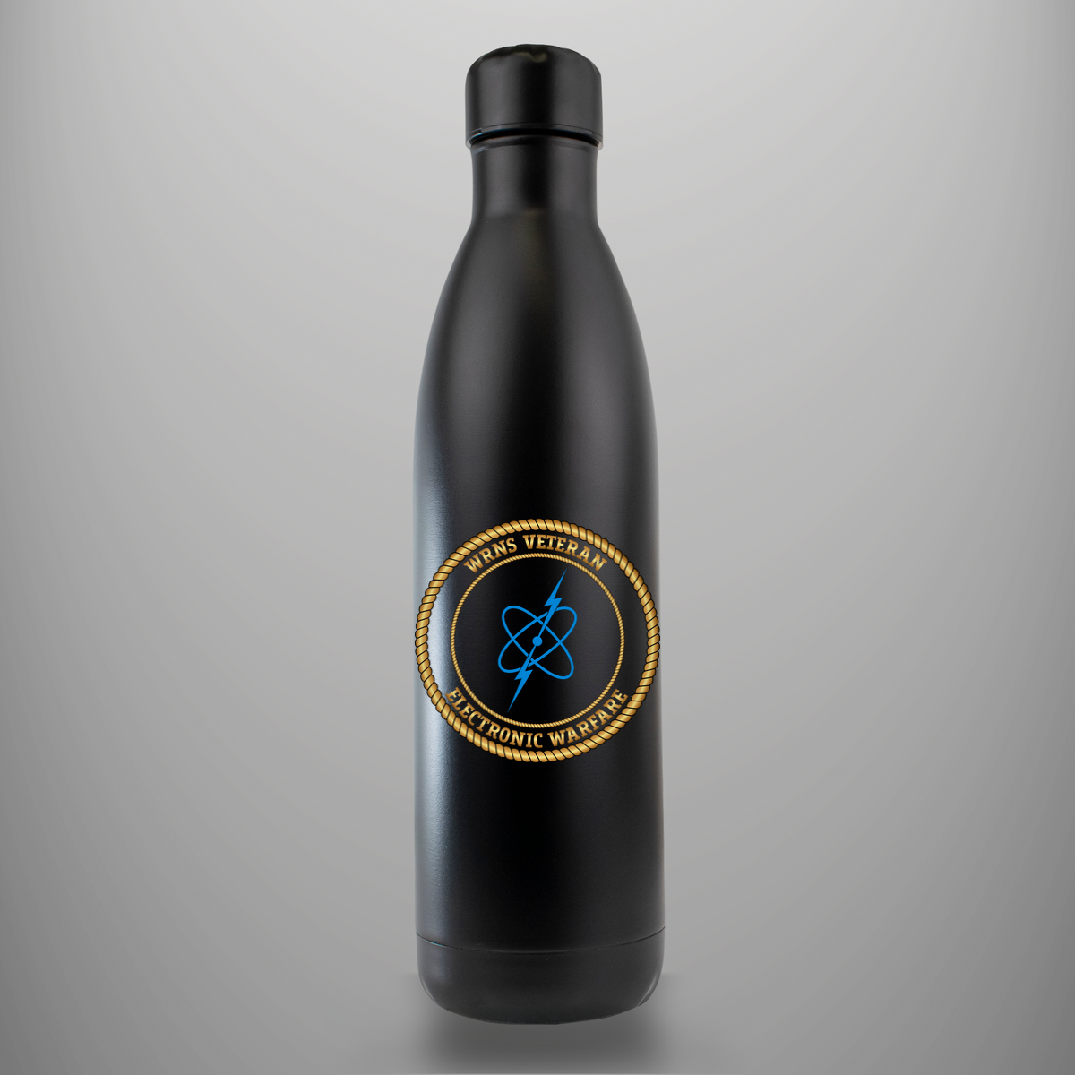 WRNS Veteran Electronic Warfare branch badge on matte-black insulated drinks bottle