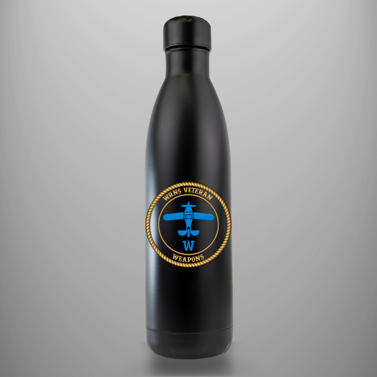 WRNS Veteran FAA Weapons branch badge on matte-black insulated drinks bottle