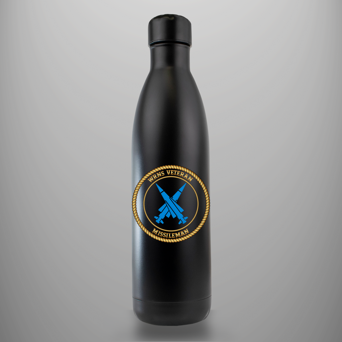 WRNS Veteran Missileman branch badge on matte-black insulated drinks bottle