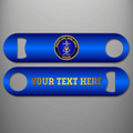 Blue WRNS Veteran personalised bottle opener with Women's Royal Naval Service crowned anchor emblem in a gold rope circle, and gold example personalised lettering on the reverse