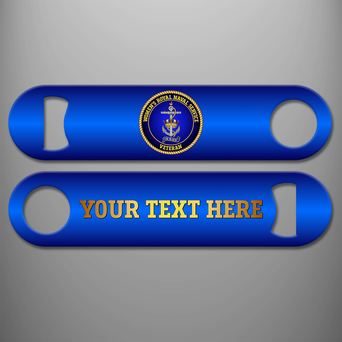 Blue WRNS Veteran personalised bottle opener with Women's Royal Naval Service crowned anchor emblem in a gold rope circle, and gold example personalised lettering on the reverse