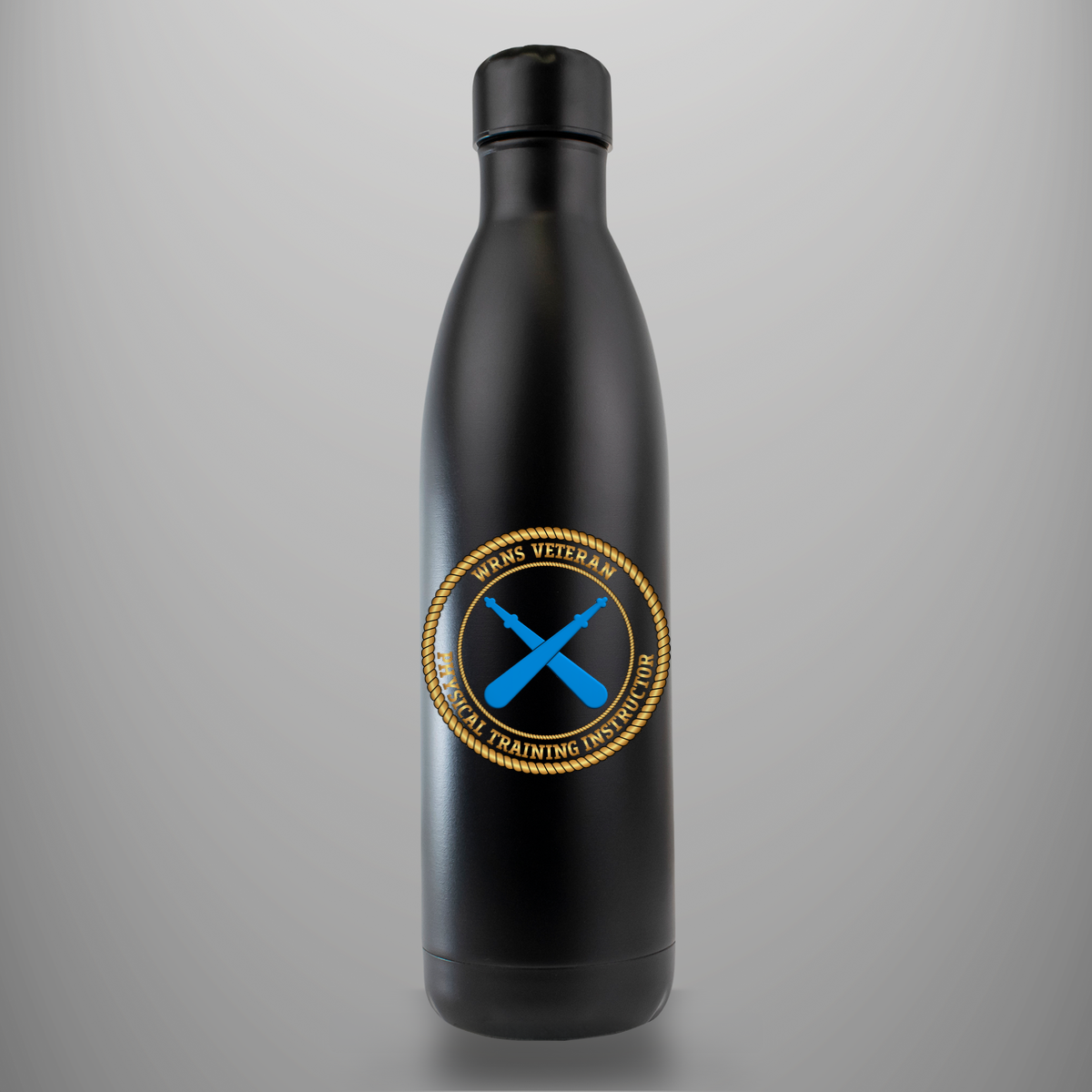 WRNS Veteran Physical Training Instructor branch badge on matte-black insulated drinks bottle