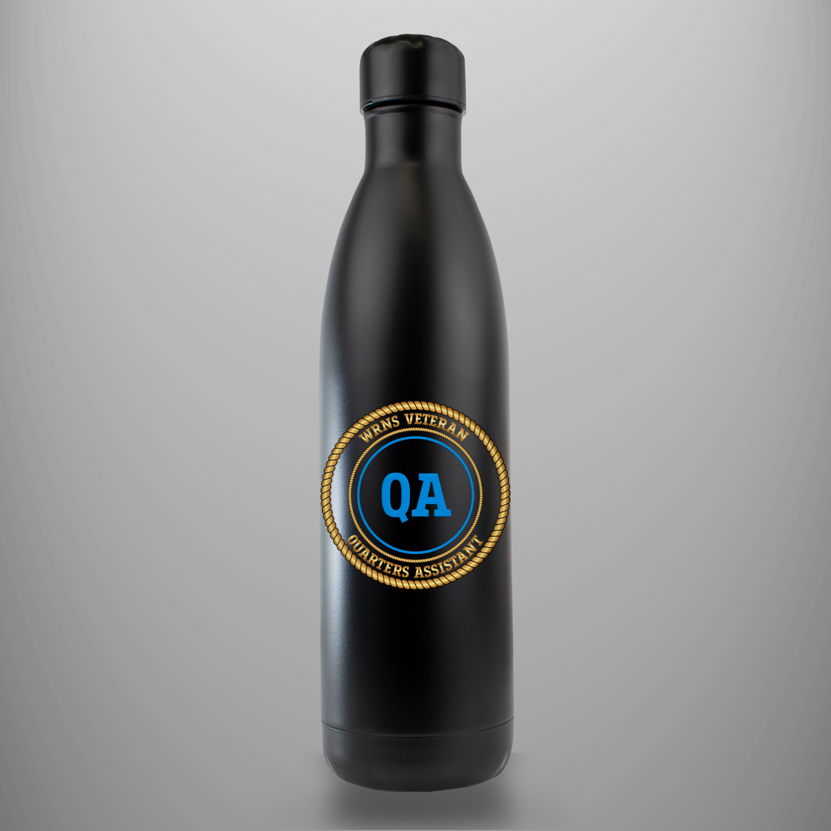 WRNS Veteran Quarters Assistant branch badge on matte-black insulated drinks bottle