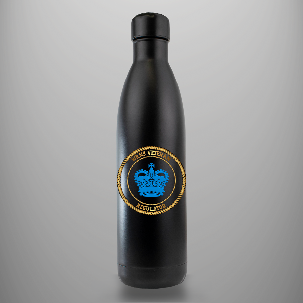 WRNS Veteran Regulator branch badge on matte-black insulated drinks bottle