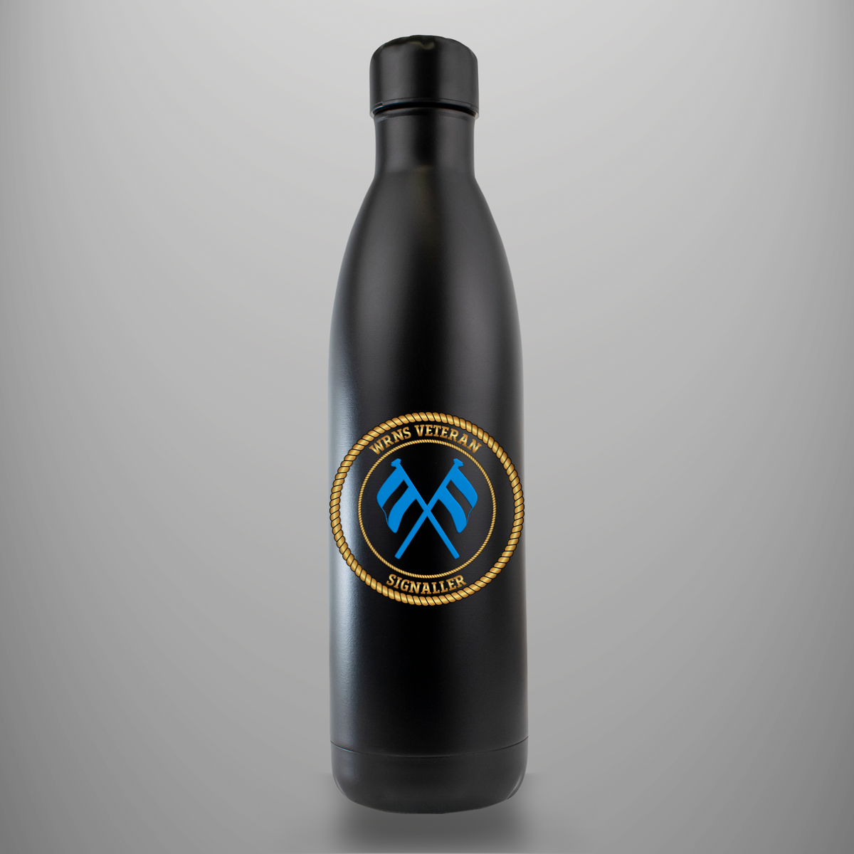 WRNS Veteran Signaller branch badge on matte-black insulated drinks bottle