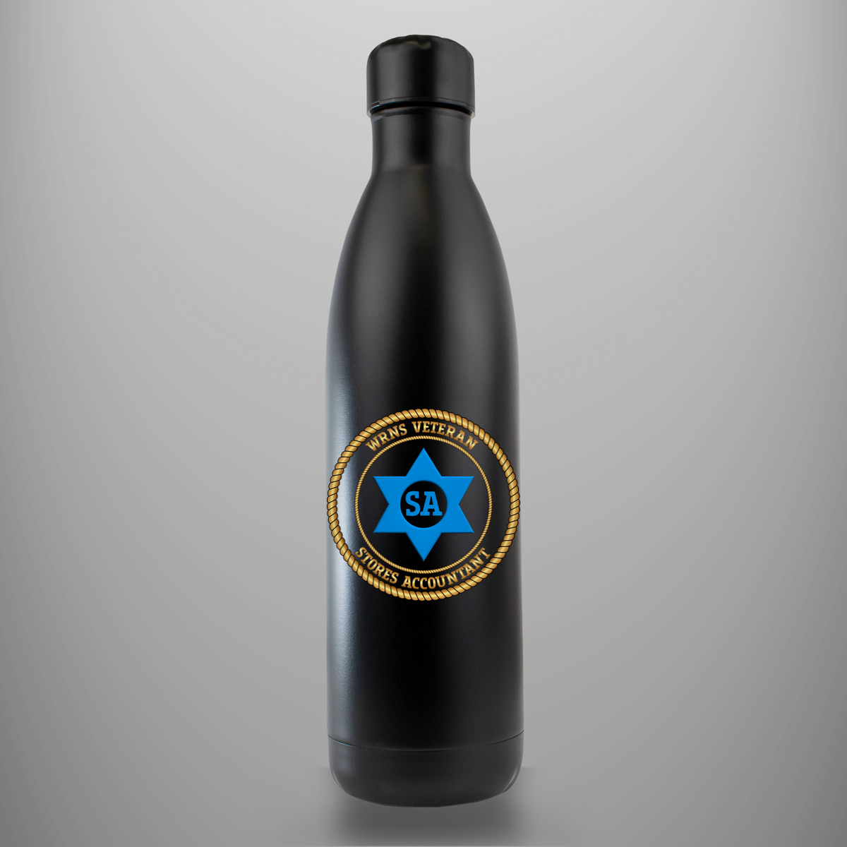 WRNS Veteran Stores Accountant branch badge on matte-black insulated drinks bottle