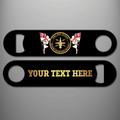 Royal Navy Veteran Weapons Engineering Mechanic personalised bottle opener with branch badge and gold personalised text example on the reverse