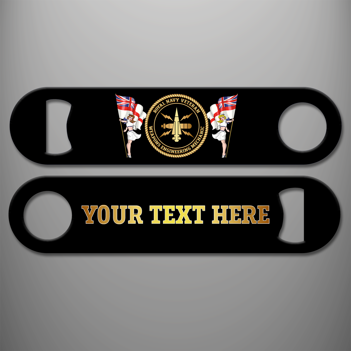 Royal Navy Veteran Weapons Engineering Mechanic personalised bottle opener with branch badge and gold personalised text example on the reverse