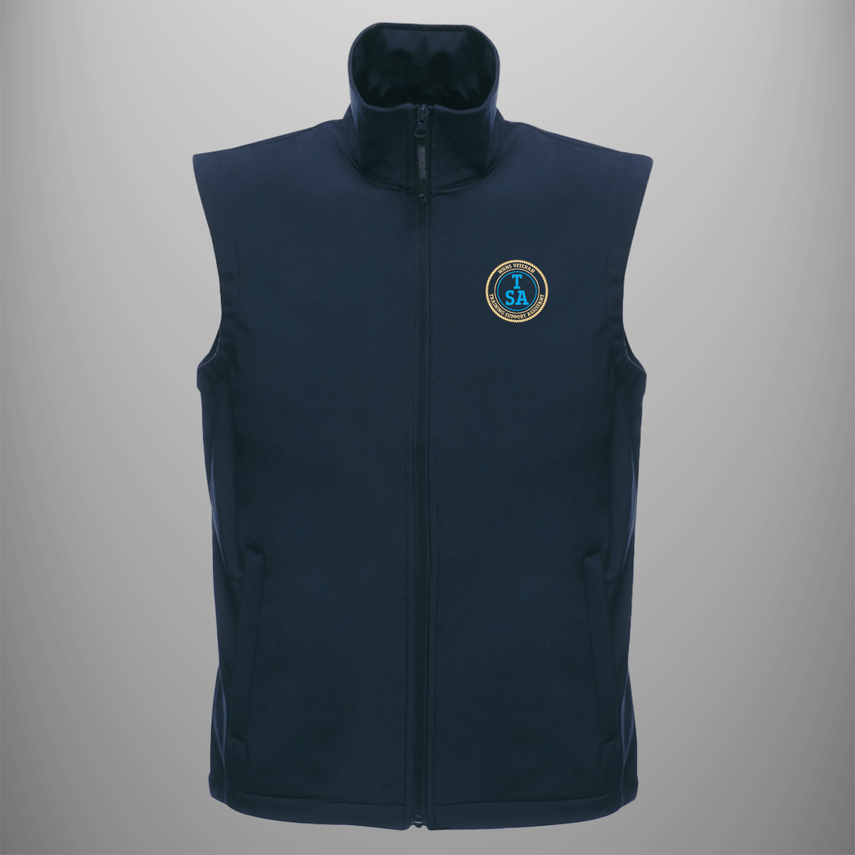 Women's Royal Naval Service 'Training Support Assistant' Veteran soft shell body warmer in navy blue — front view