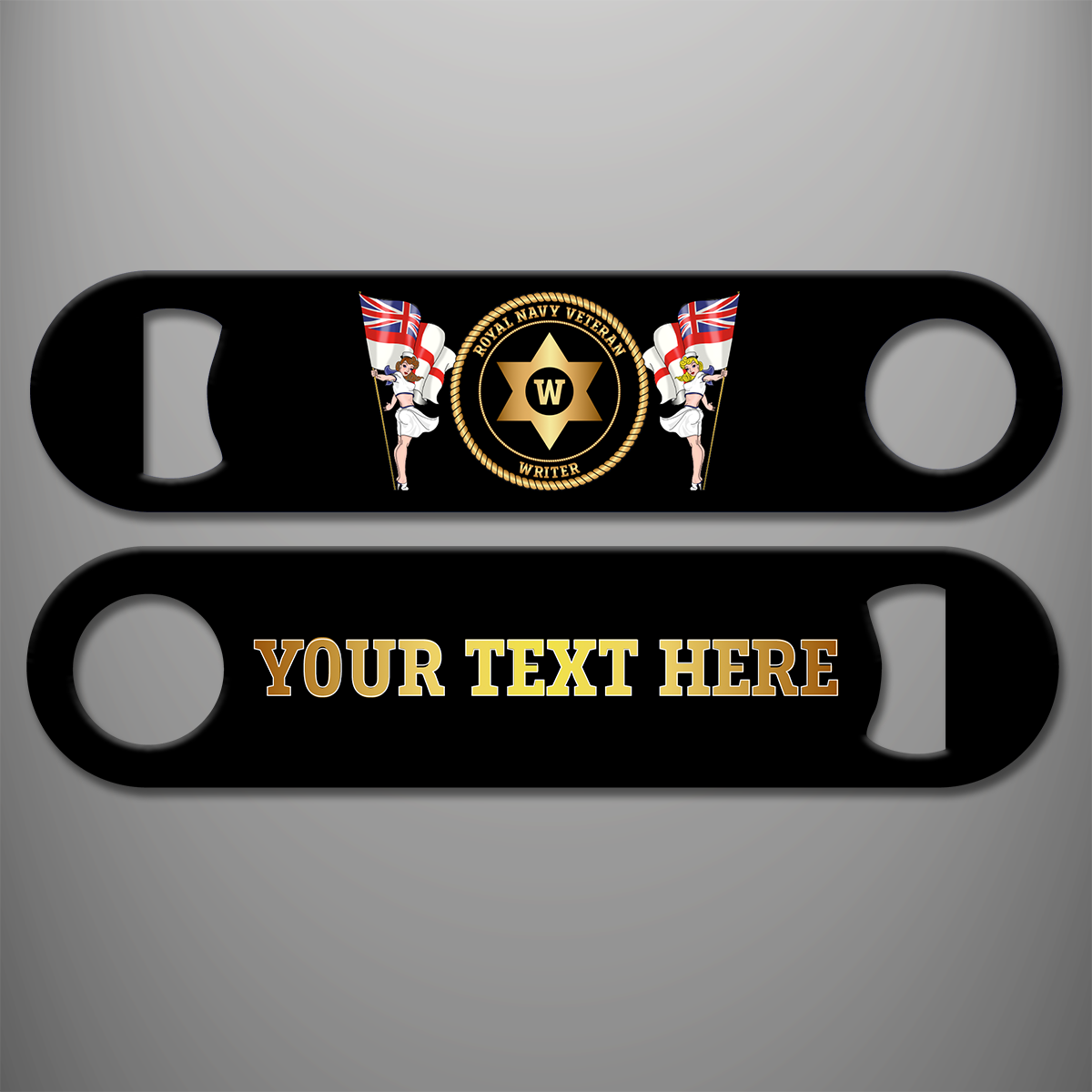 Royal Navy Veteran Writer personalised bottle opener with branch badge and gold personalised text example on the reverse