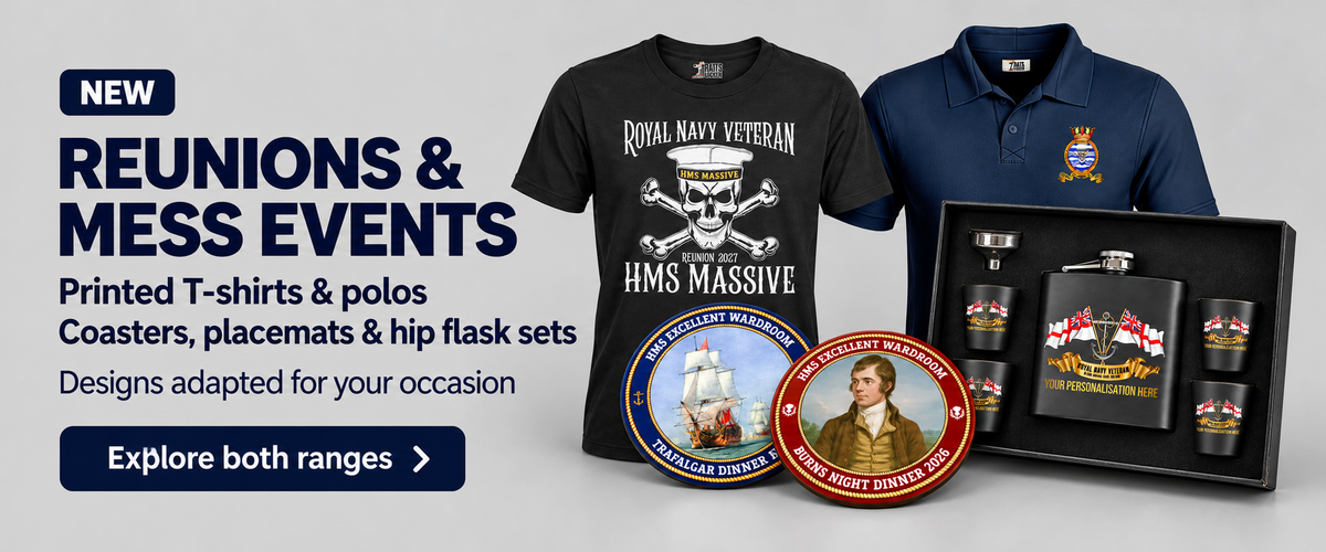 New: Reunions and mess events. Printed T-shirts and polos, coasters, placemats and hip flask sets, with designs adapted for your occasion.