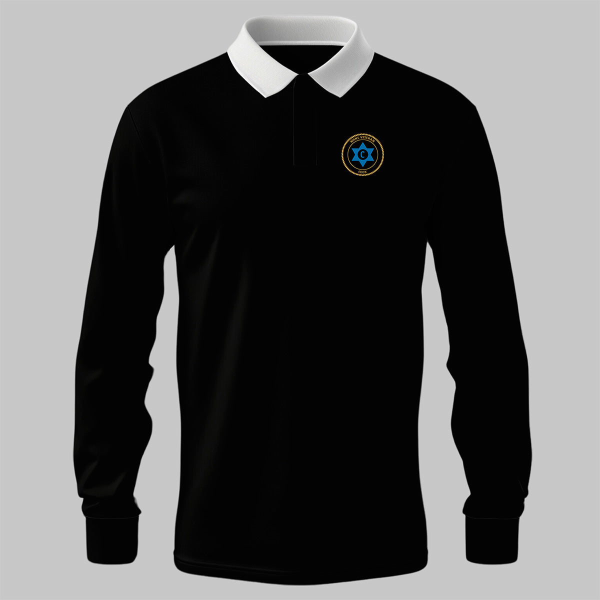 WRNS Cook Branch Badge rugby shirt in black — front view