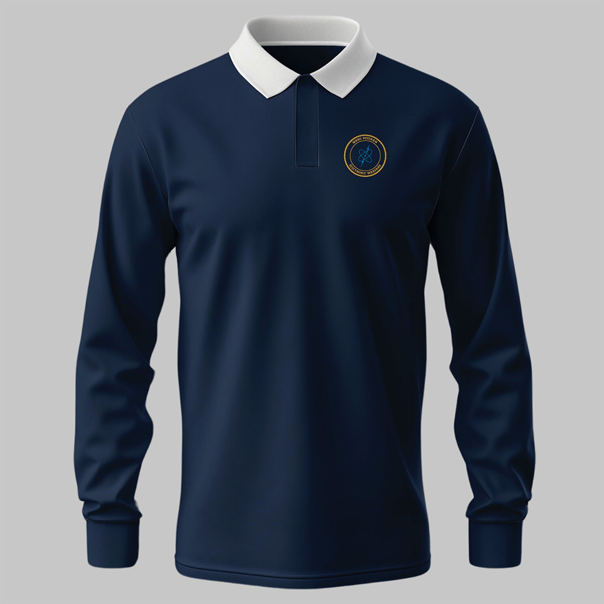WRNS Electronic Warfare Branch Badge rugby shirt in navy blue — front view