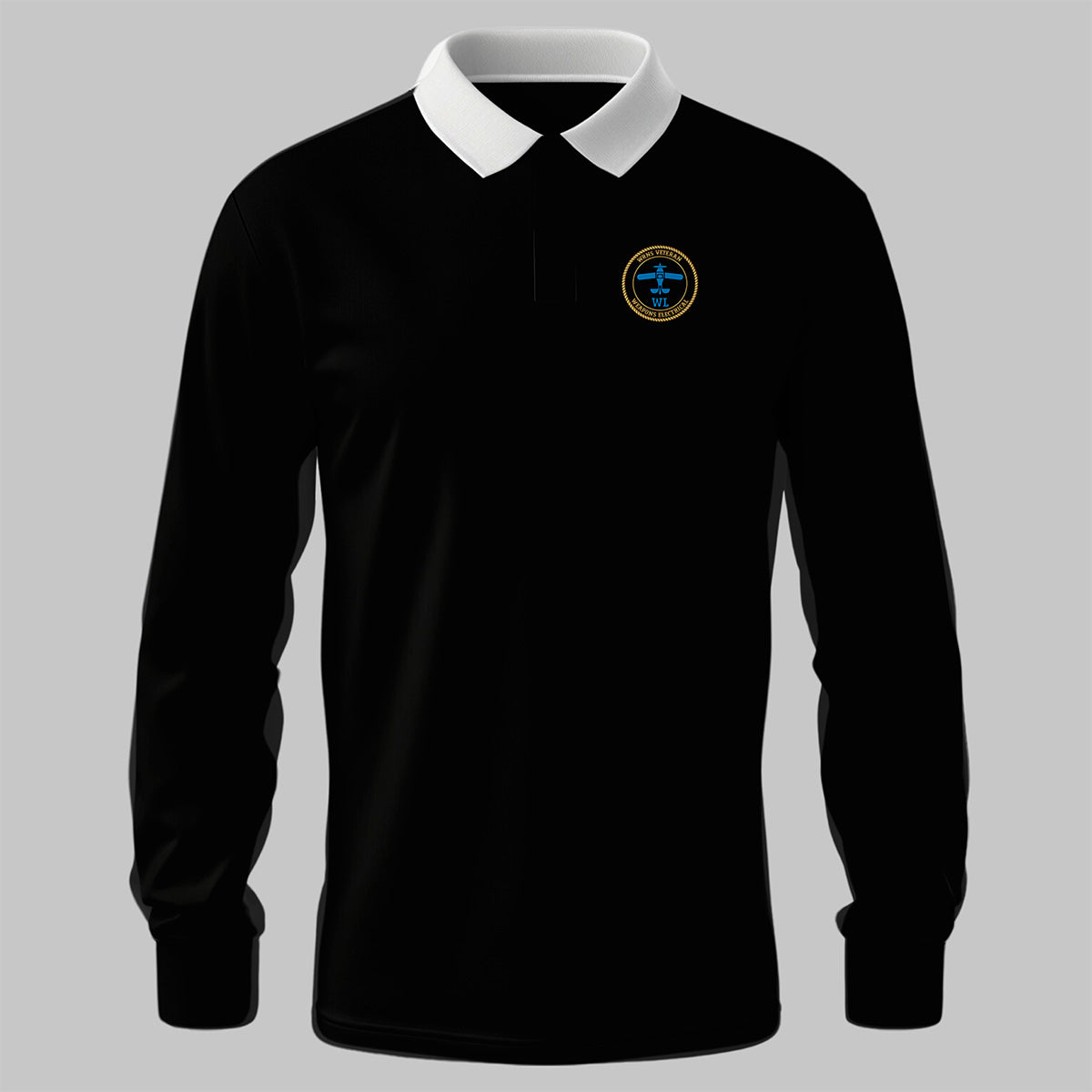 WRNS FAA - Weapons Electrical Branch Badge rugby shirt in black — front view