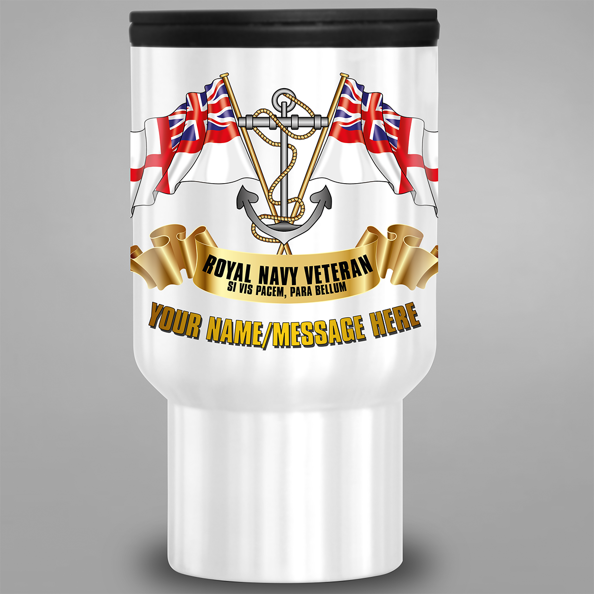 Front view of personalised Royal Navy Veteran travel mug