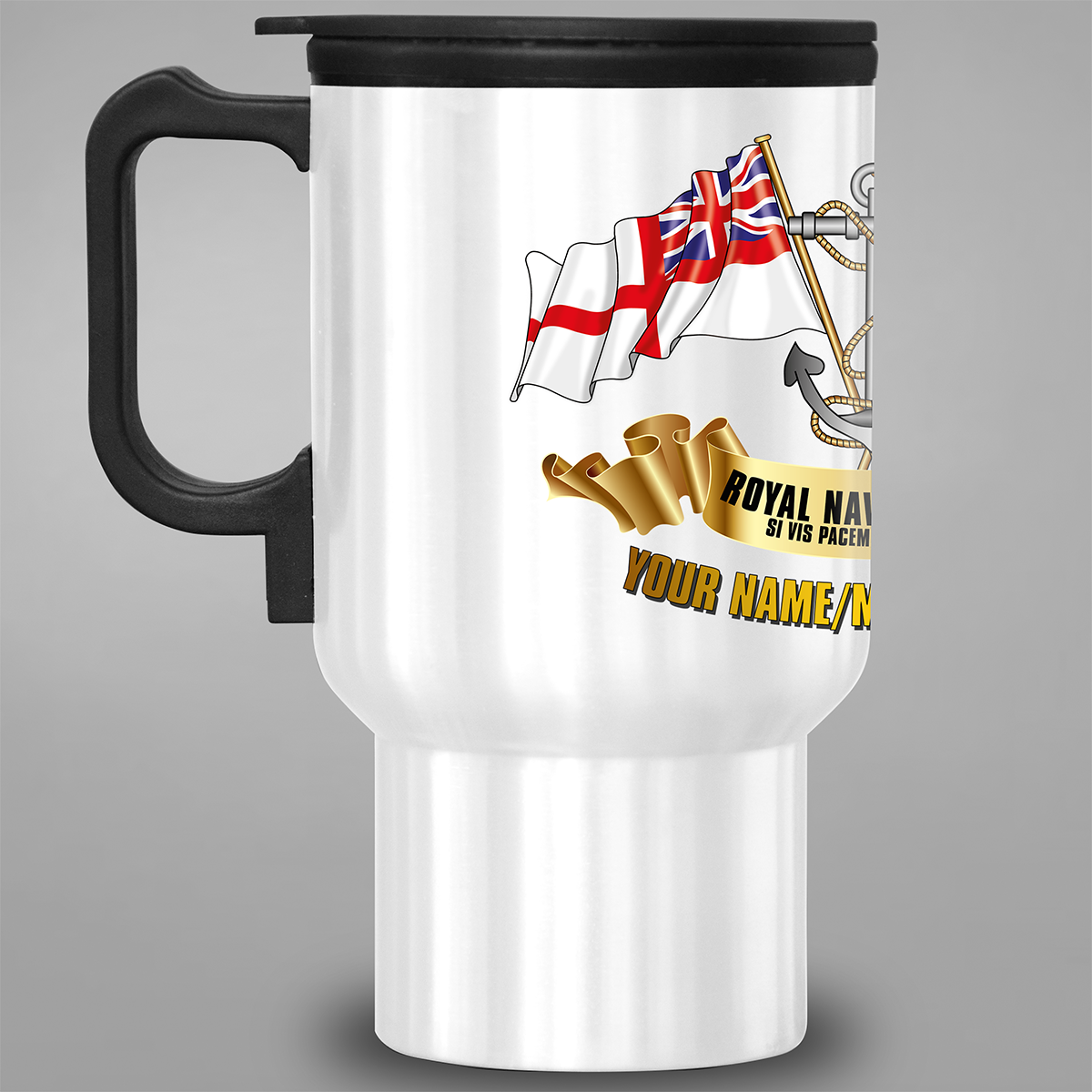 Left-side view of personalised Royal Navy Veteran travel mug