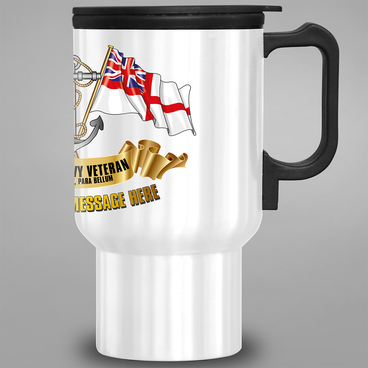 Right-side view of personalised Royal Navy Veteran travel mug