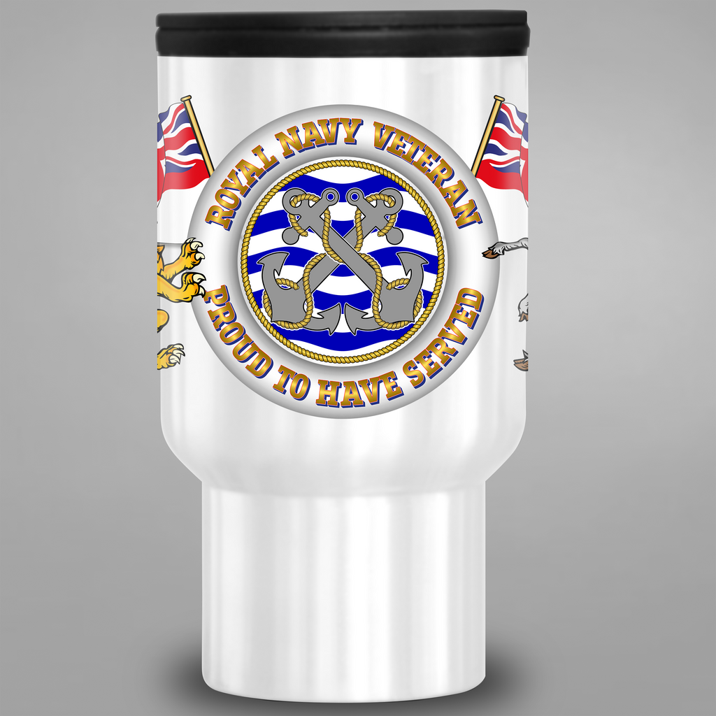 Front view of Royal Navy Veteran Proud to Have Served travel mug
