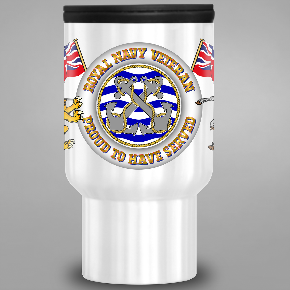 Front view of Royal Navy Veteran Proud to Have Served travel mug