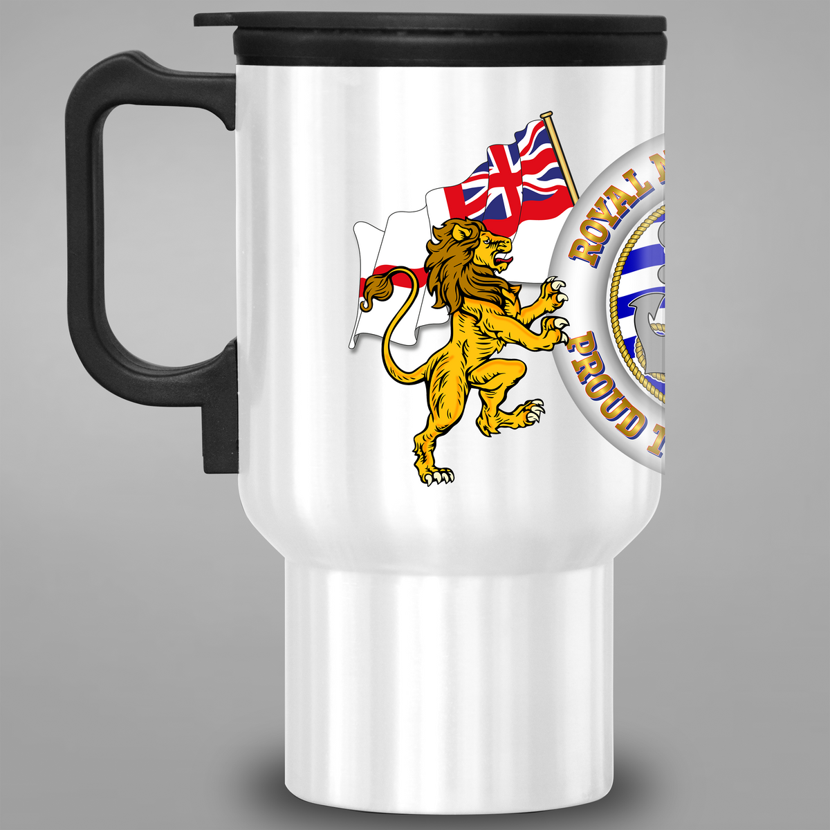 Left-side view of Royal Navy Veteran Proud to Have Served travel mug