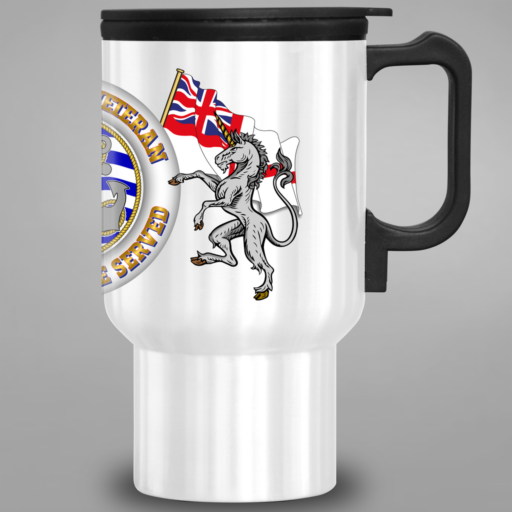 Right-side view of Royal Navy Veteran Proud to Have Served travel mug