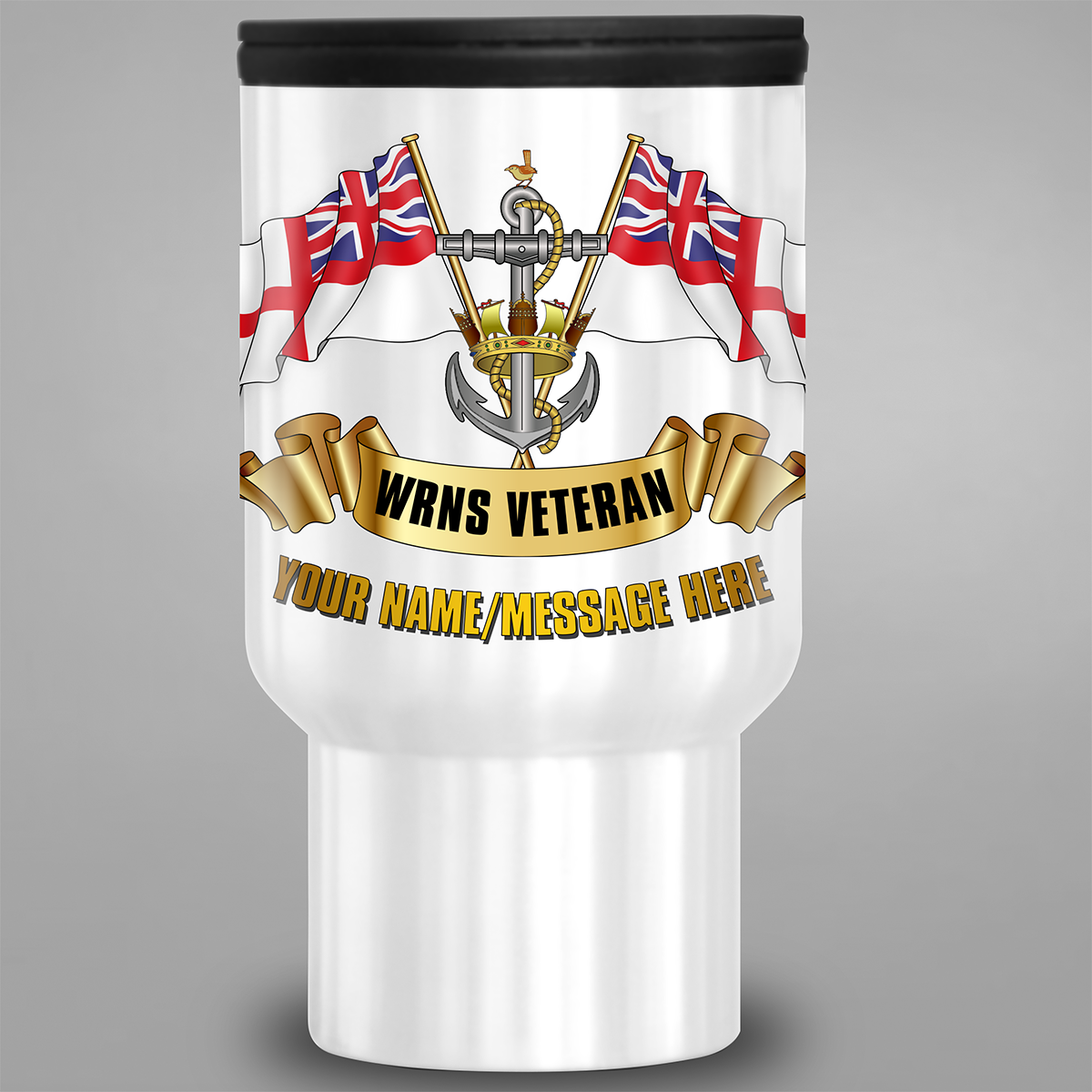 Front view of personalised WRNS Veteran travel mug