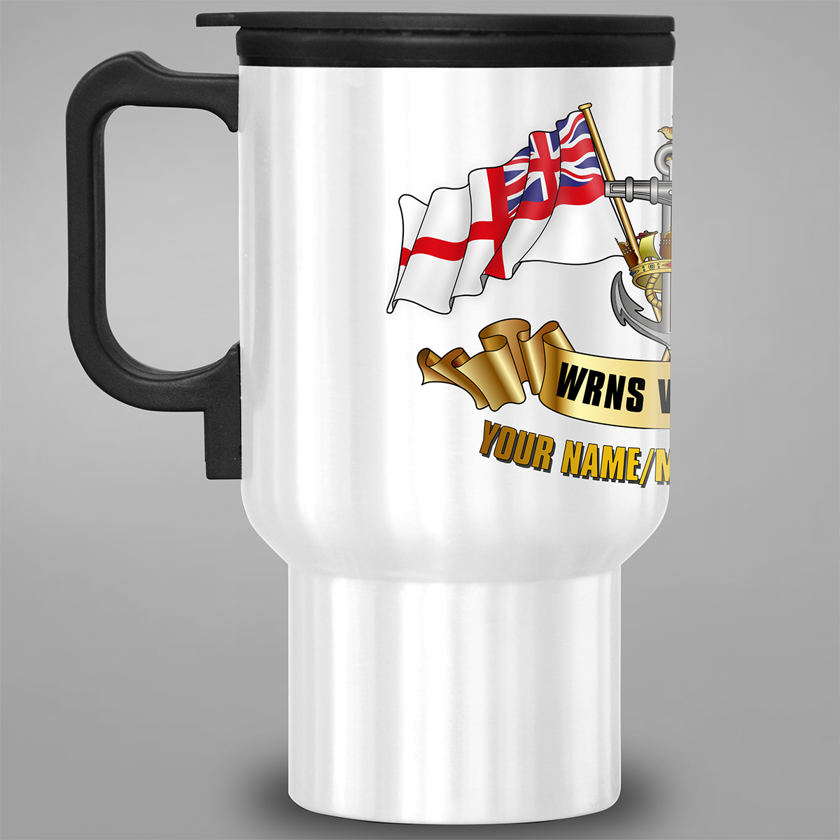 Left-side view of personalised WRNS Veteran travel mug