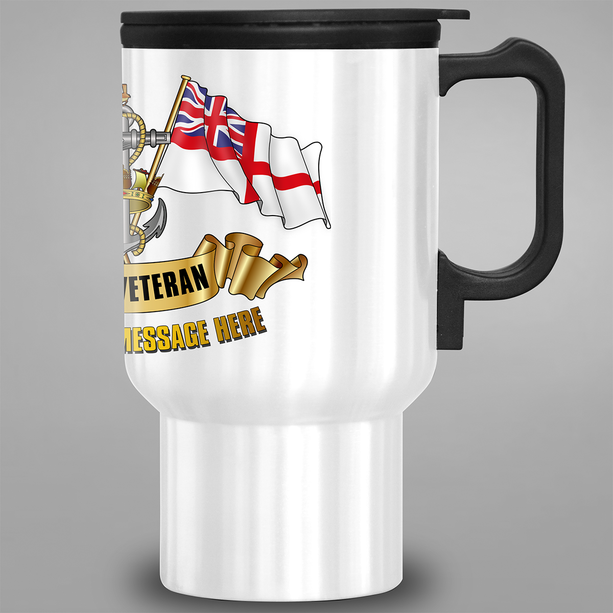 Right-side view of personalised WRNS Veteran travel mug