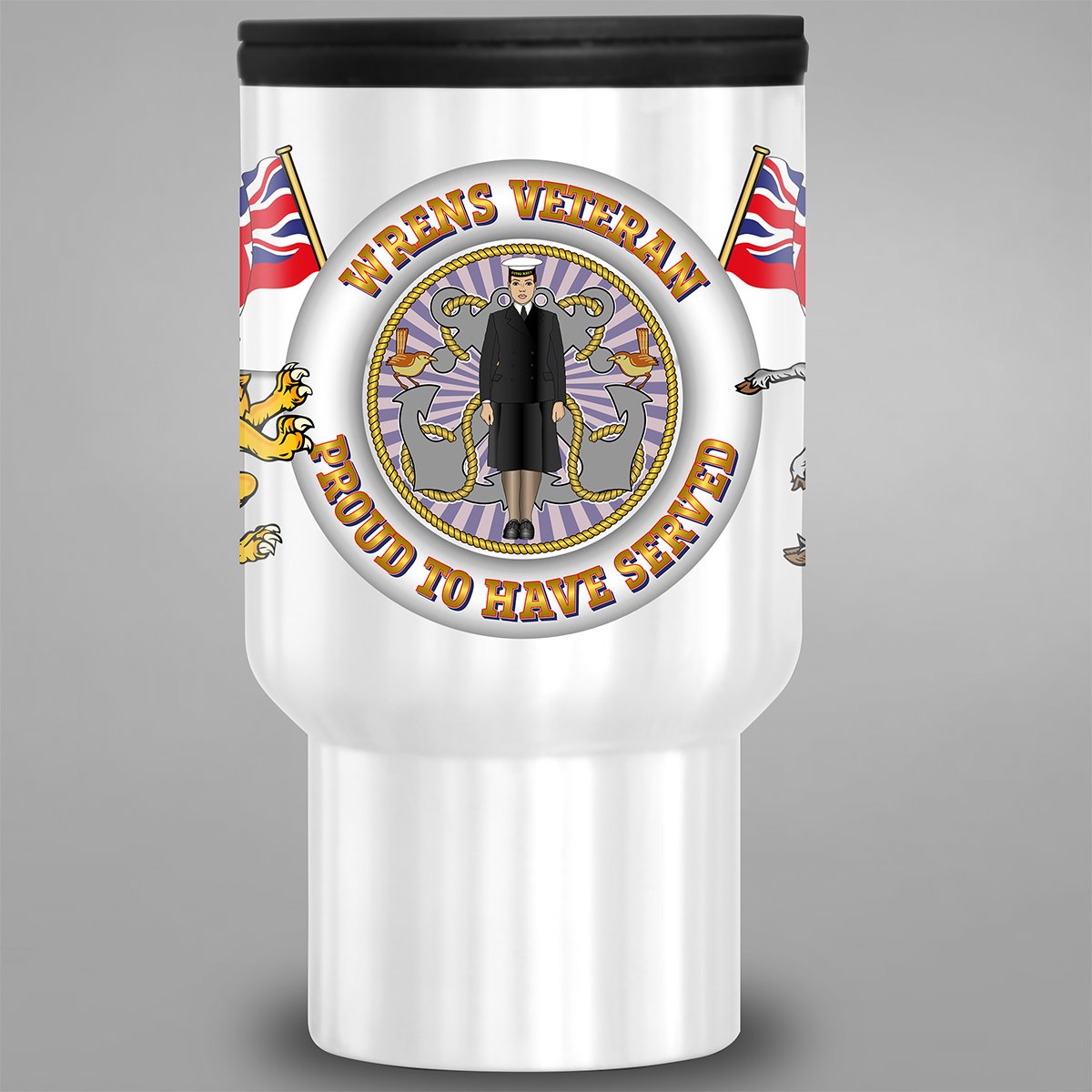 Front view of WRNS Veteran Proud to Have Served travel mug