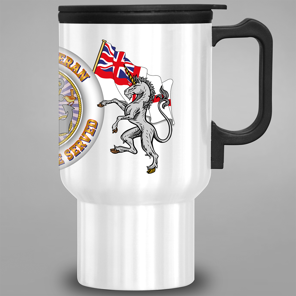 Right-side view of WRNS Veteran Proud to Have Served travel mug